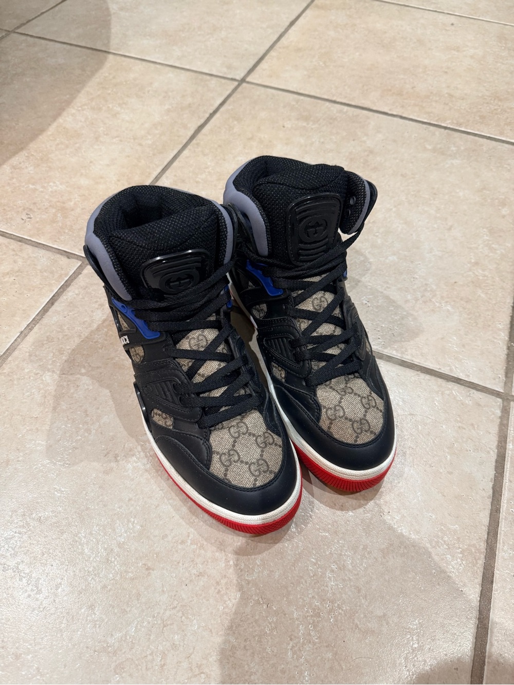 Gucci Black and Red GG High-Top Sneakers with Blue Trim